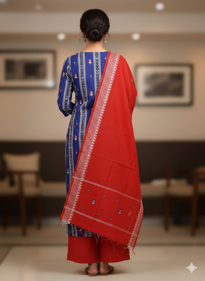 Blue Red Doll Design Handwoven Odisha Ikat Unstitched Dress Material Set (Top 2.5m, Dupatt2.5m, Bottom 2m)
