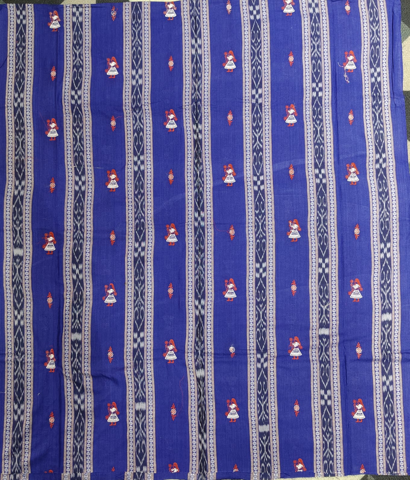 Blue Red Doll Design Handwoven Odisha Ikat Unstitched Dress Material Set (Top 2.5m, Dupatt2.5m, Bottom 2m)