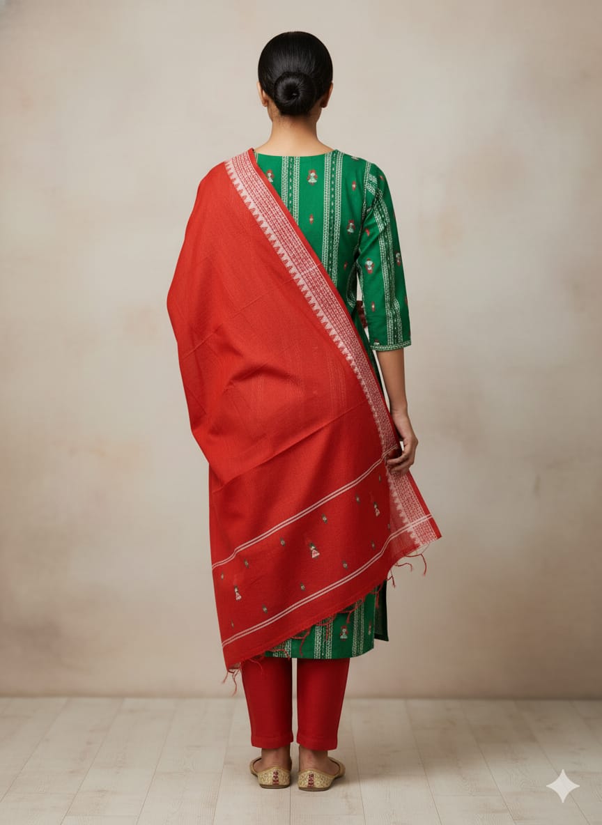 Green Red Doll Design Handwoven Odisha Ikat Unstitched Dress Material Set (Top 2.5m, Dupatt2.5m, Bottom 2m)