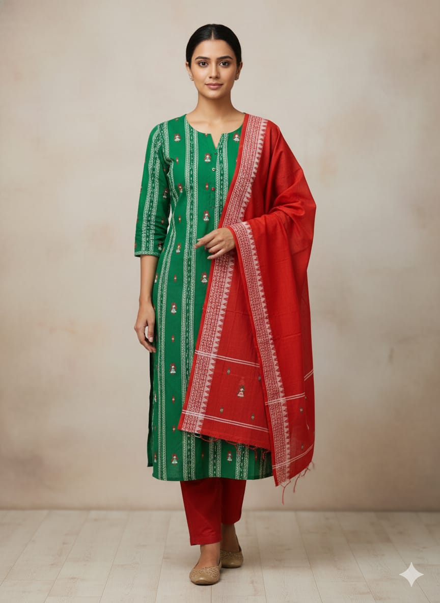 Green Red Doll Design Handwoven Odisha Ikat Unstitched Dress Material Set (Top 2.5m, Dupatt2.5m, Bottom 2m)