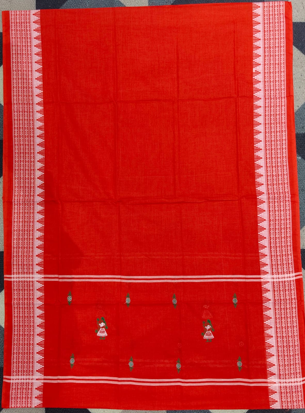 Green Red Doll Design Handwoven Odisha Ikat Unstitched Dress Material Set (Top 2.5m, Dupatt2.5m, Bottom 2m)