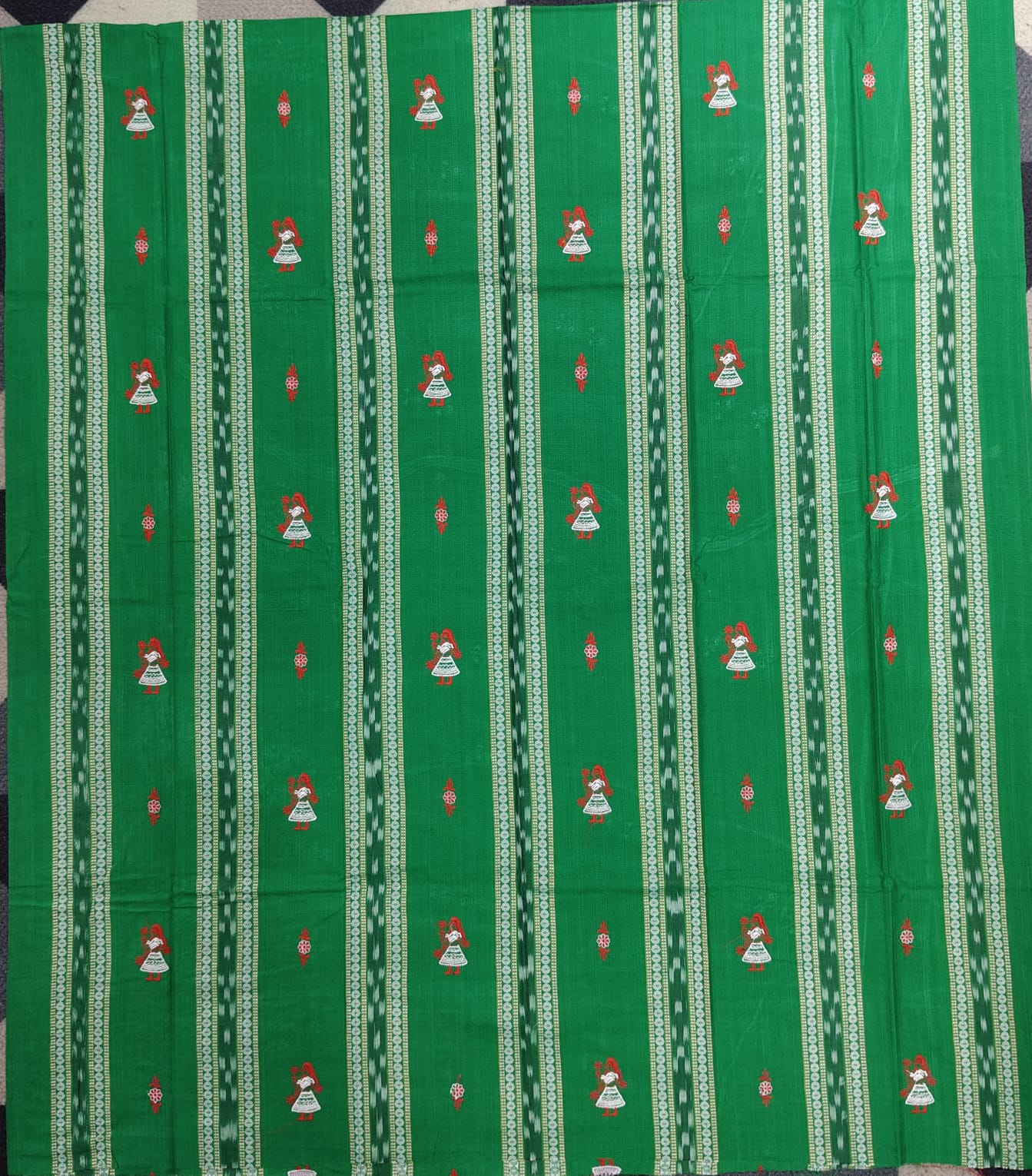 Green Red Doll Design Handwoven Odisha Ikat Unstitched Dress Material Set (Top 2.5m, Dupatt2.5m, Bottom 2m)