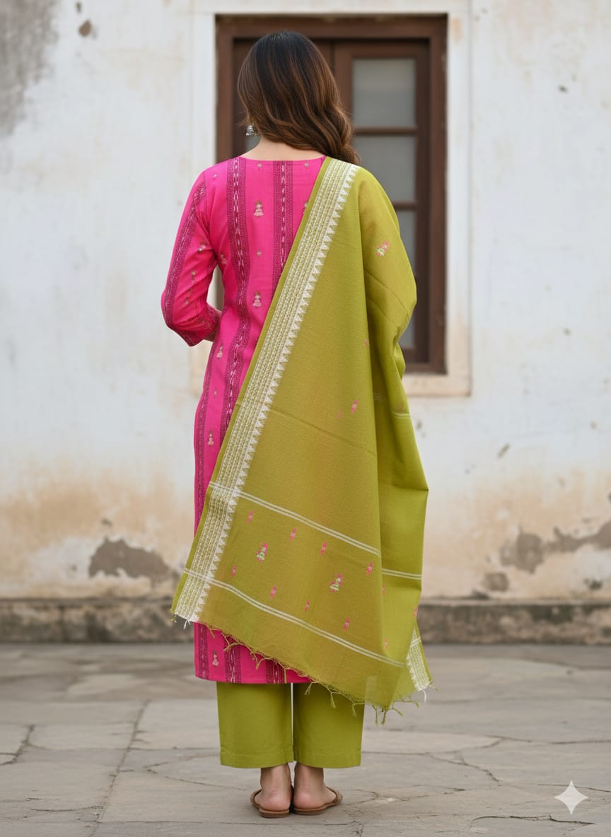 Pink Mehendi Green Doll Design Handwoven Odisha Ikat Unstitched Dress Material Set (Top 2.5m, Dupatt2.5m, Bottom 2m)