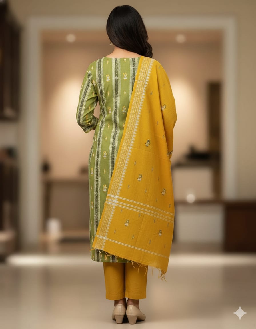 Mehendi Green Yellow Doll Design Handwoven Odisha Ikat Unstitched Dress Material Set (Top 2.5m, Dupatt2.5m, Bottom 2m)
