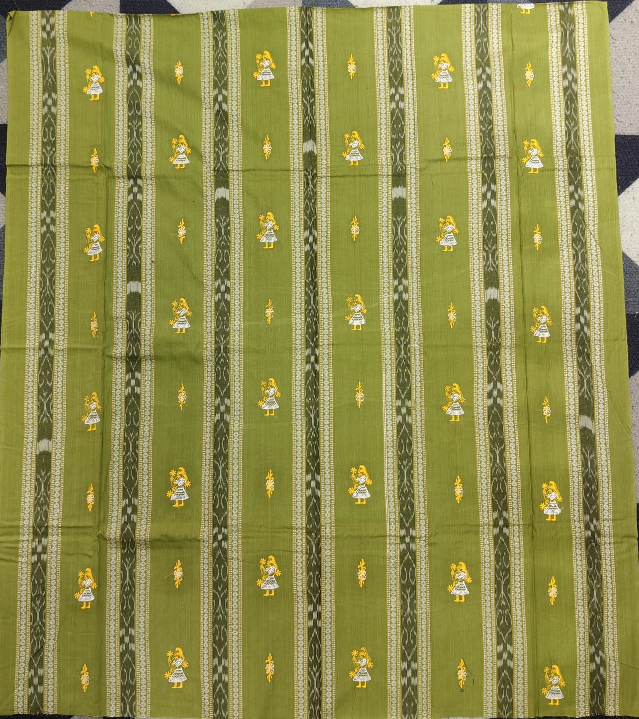 Mehendi Green Yellow Doll Design Handwoven Odisha Ikat Unstitched Dress Material Set (Top 2.5m, Dupatt2.5m, Bottom 2m)