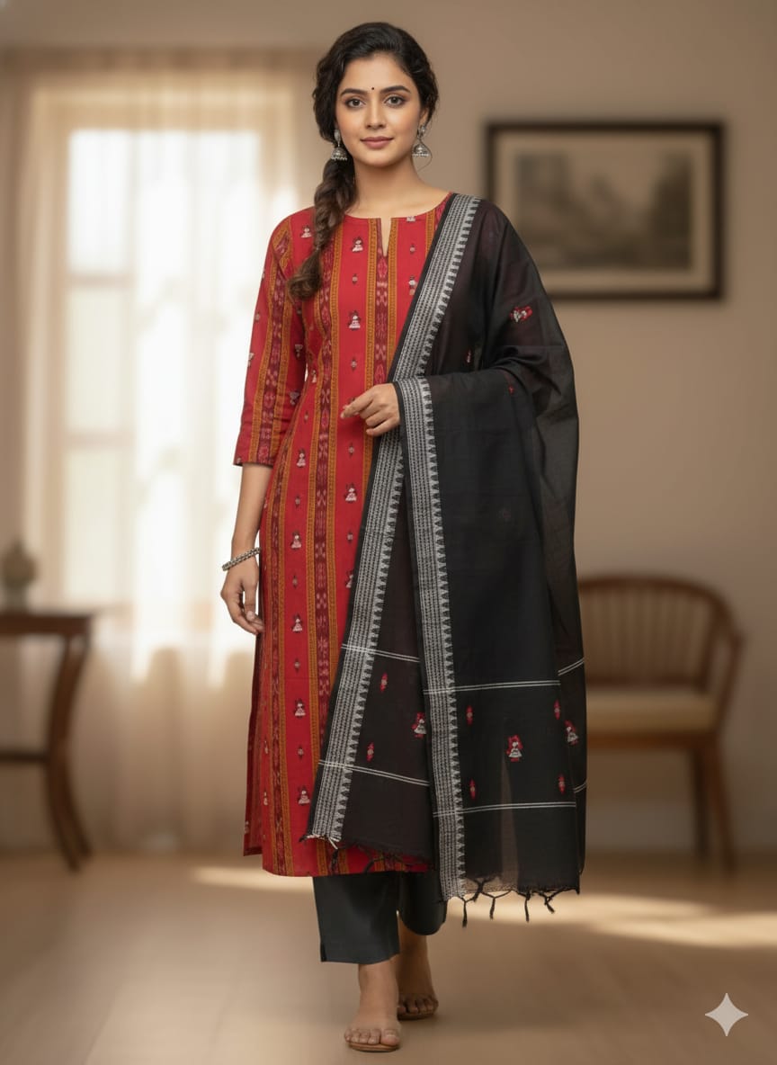 Red Black Doll Design Handwoven Odisha Ikat Unstitched Dress Material Set (Top 2.5m, Dupatt2.5m, Bottom 2m)