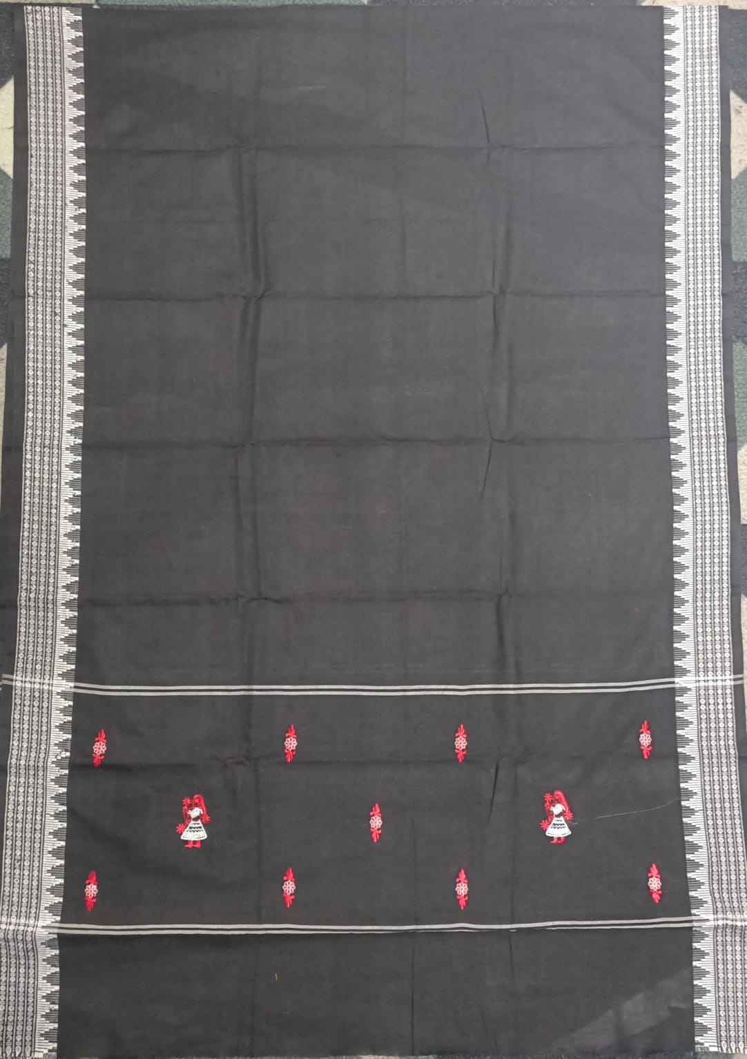 Red Black Doll Design Handwoven Odisha Ikat Unstitched Dress Material Set (Top 2.5m, Dupatt2.5m, Bottom 2m)