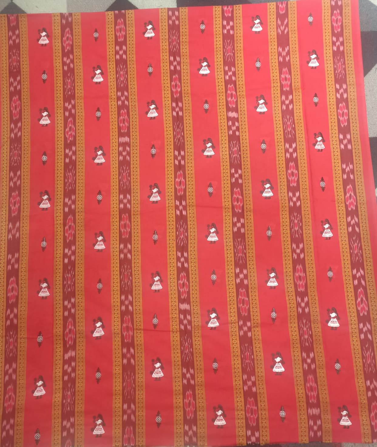 Red Black Doll Design Handwoven Odisha Ikat Unstitched Dress Material Set (Top 2.5m, Dupatt2.5m, Bottom 2m)