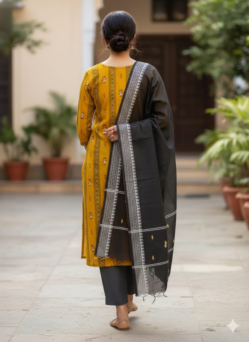 Yellow Black Doll Design Handwoven Odisha Ikat Unstitched Dress Material Set (Top 2.5m, Dupatt2.5m, Bottom 2m)