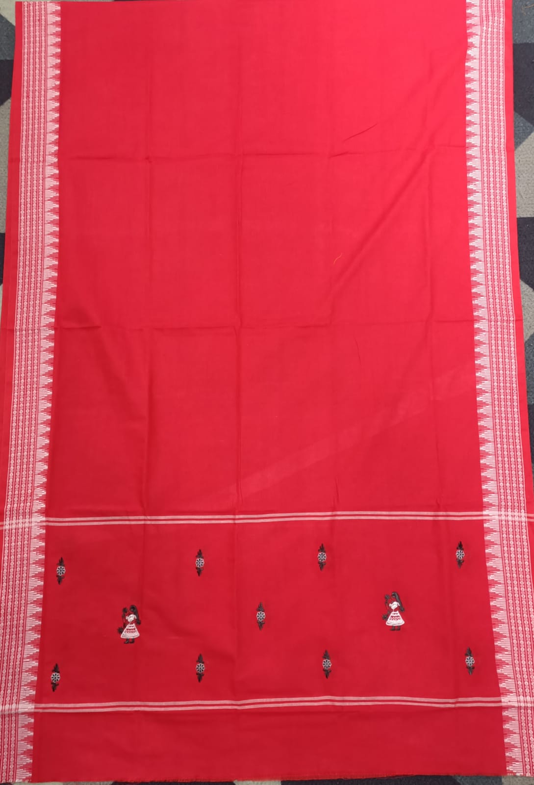 Black red Doll Design Handwoven Odisha Ikat Unstitched Dress Material Set (Top 2.5m, Dupatt2.5m, Bottom 2m)