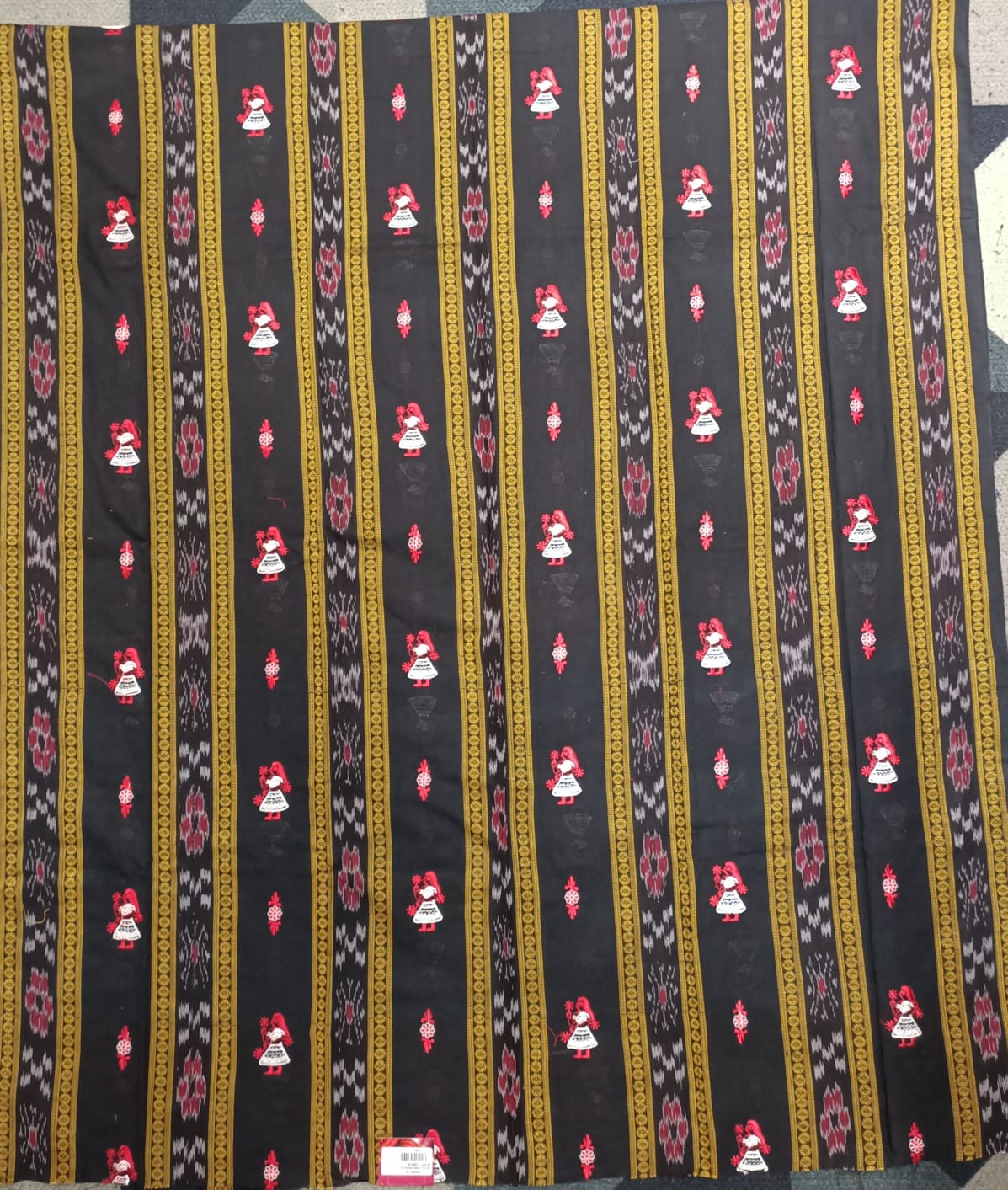Black red Doll Design Handwoven Odisha Ikat Unstitched Dress Material Set (Top 2.5m, Dupatt2.5m, Bottom 2m)