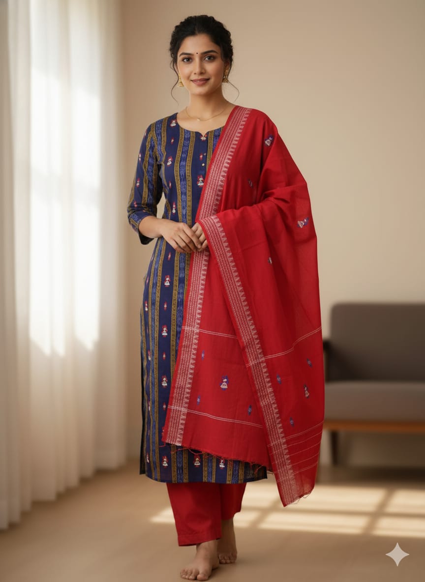 Blue red Doll Design Handwoven Odisha Ikat Unstitched Dress Material Set (Top 2.5m, Dupatt2.5m, Bottom 2m)