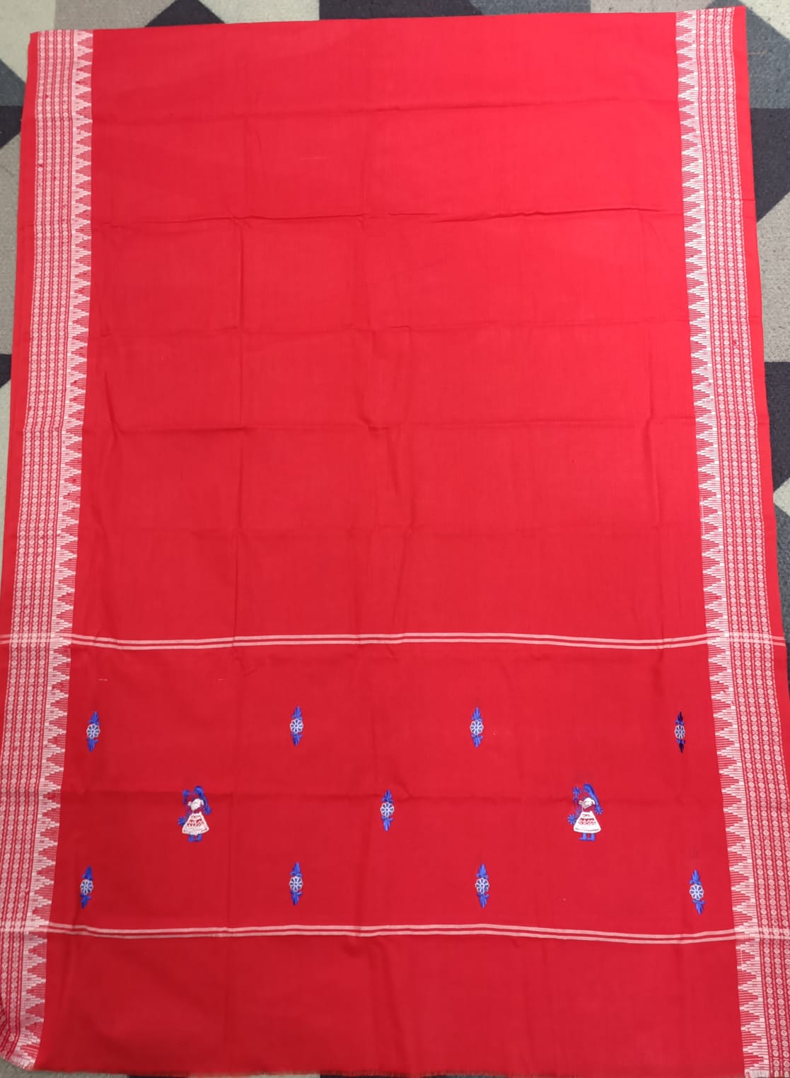 Blue red Doll Design Handwoven Odisha Ikat Unstitched Dress Material Set (Top 2.5m, Dupatt2.5m, Bottom 2m)