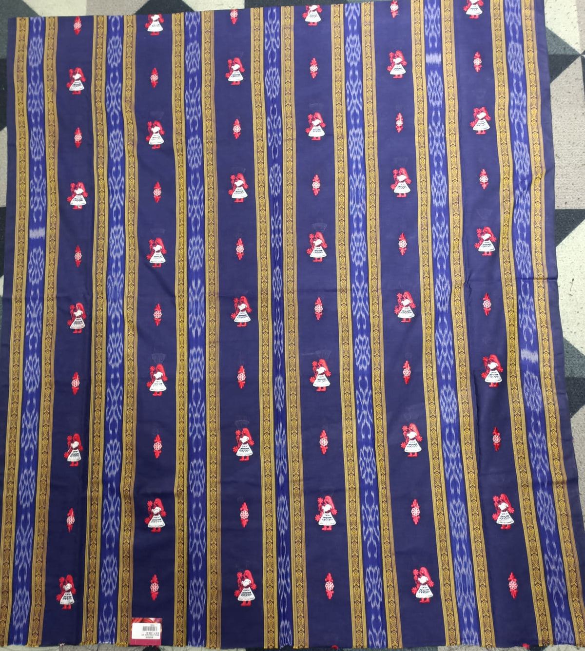 Blue red Doll Design Handwoven Odisha Ikat Unstitched Dress Material Set (Top 2.5m, Dupatt2.5m, Bottom 2m)