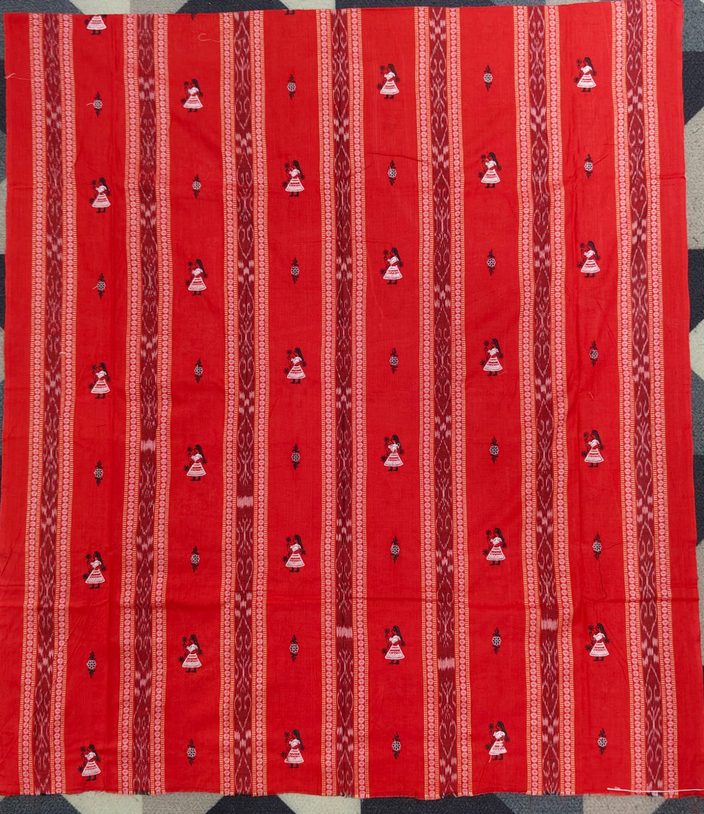 Red Black Doll Design Handwoven Odisha Ikat Unstitched Dress Material Set (Top 2.5m, Dupatt2.5m, Bottom 2m)