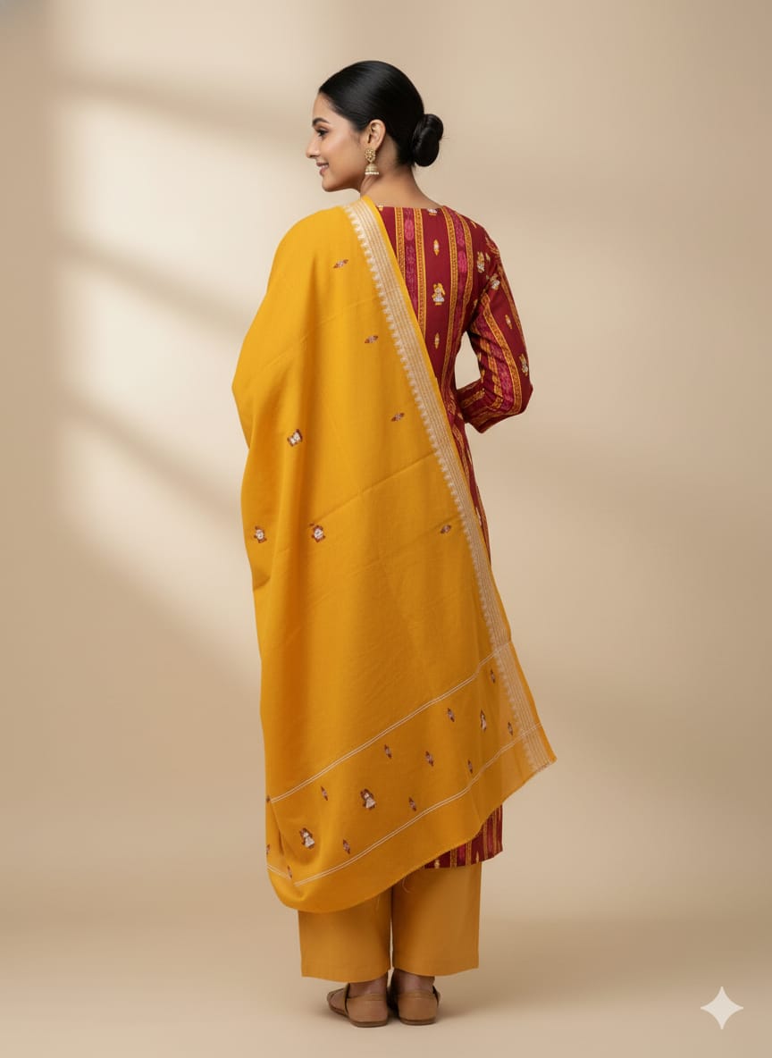 Maroon Yellow Doll Design Handwoven Odisha Ikat Unstitched Dress Material Set (Top 2.5m, Dupatt2.5m, Bottom 2m)