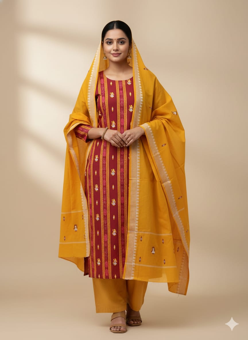 Maroon Yellow Doll Design Handwoven Odisha Ikat Unstitched Dress Material Set (Top 2.5m, Dupatt2.5m, Bottom 2m)