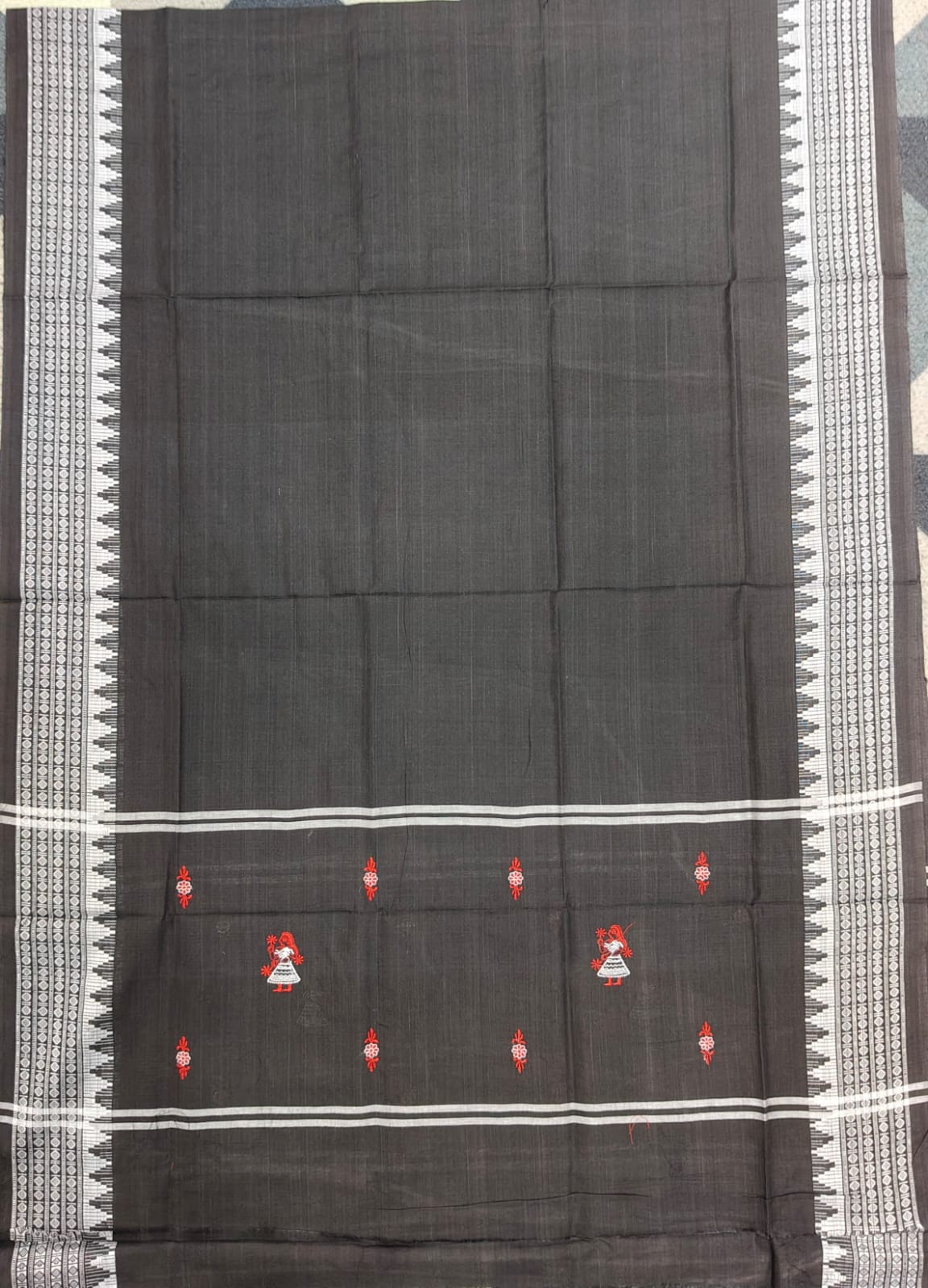Red Black Doll Design Handwoven Odisha Ikat Unstitched Dress Material Set (Top 2.5m, Dupatt2.5m, Bottom 2m)