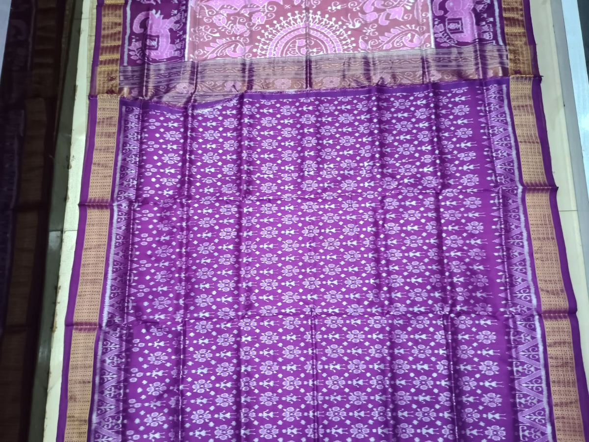 Peach Pink Purple Round Tribal And Scot Elephant Design Sambalpuri Half Tissue Silk Saree