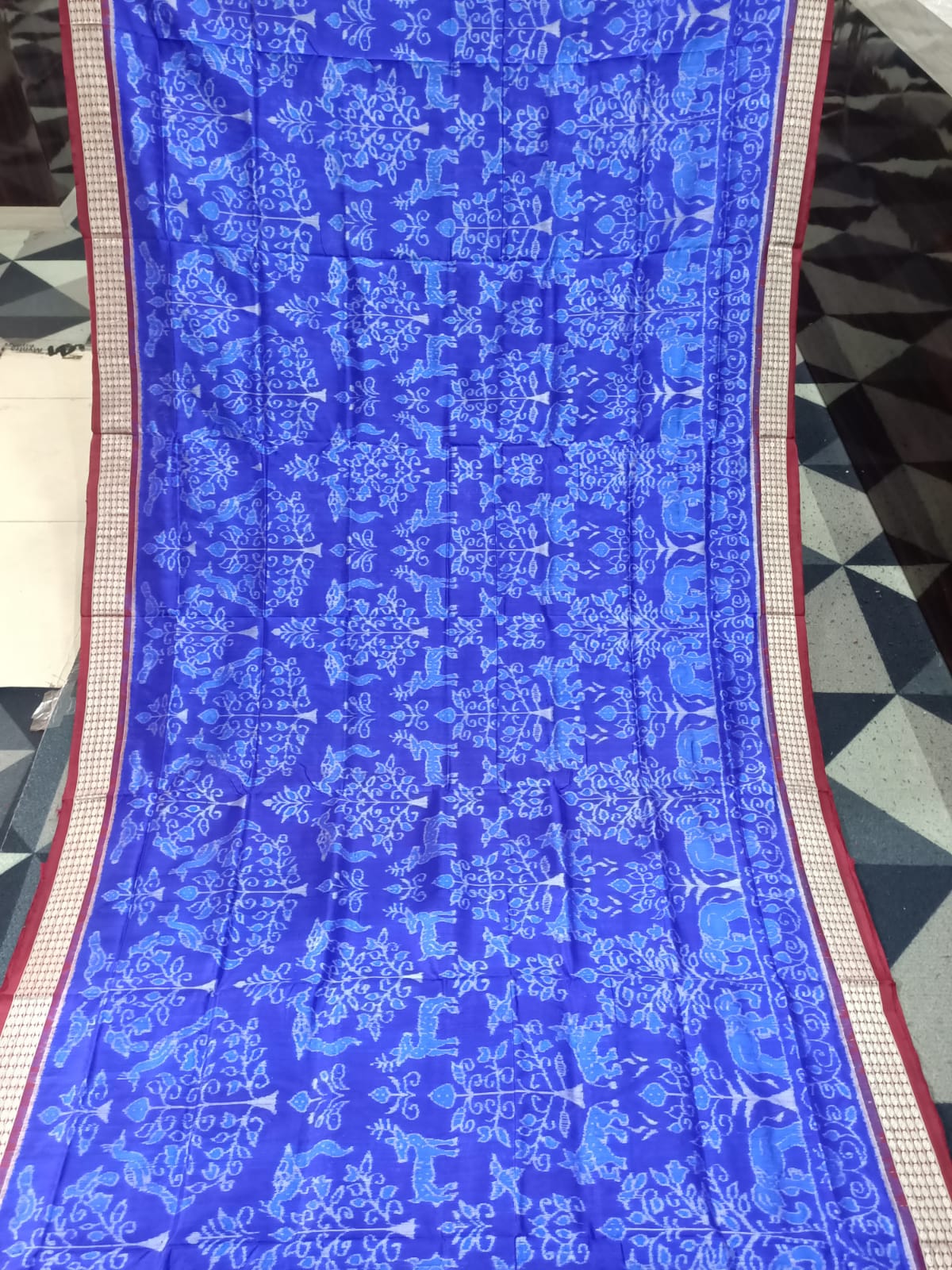 Blue Maroon Animal And Tree Design Sambalpuri Silk Saree