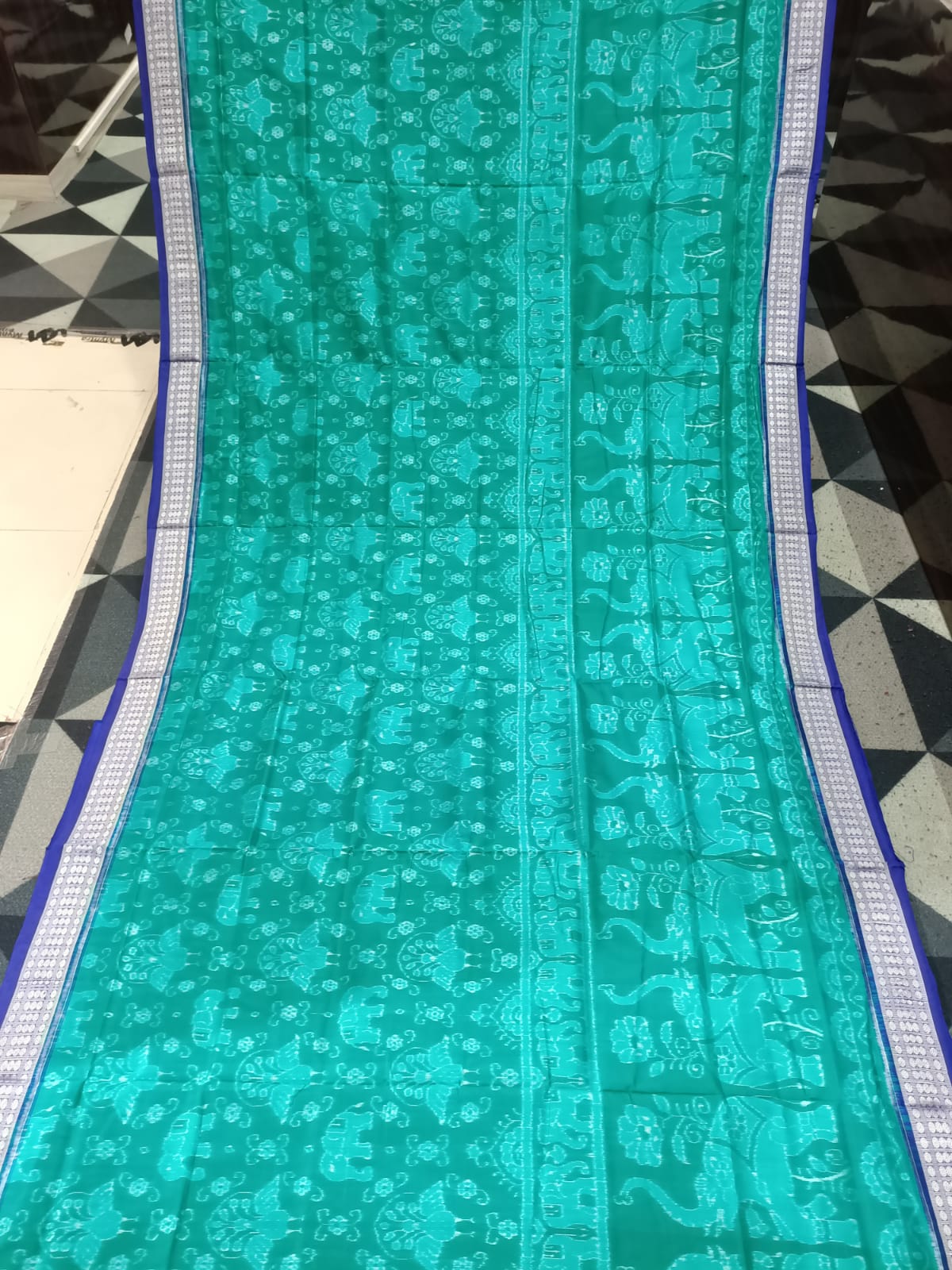 Sea Green Blue Scot Elephant Design Sambalpuri Silk Saree