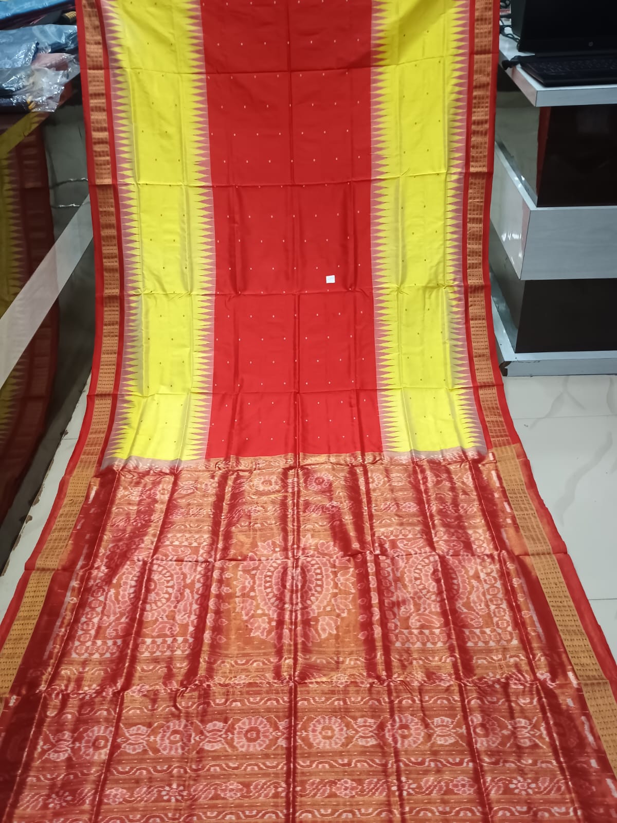 Red Yellow Half Half Buti Bomkai Half Tissue Silk Saree