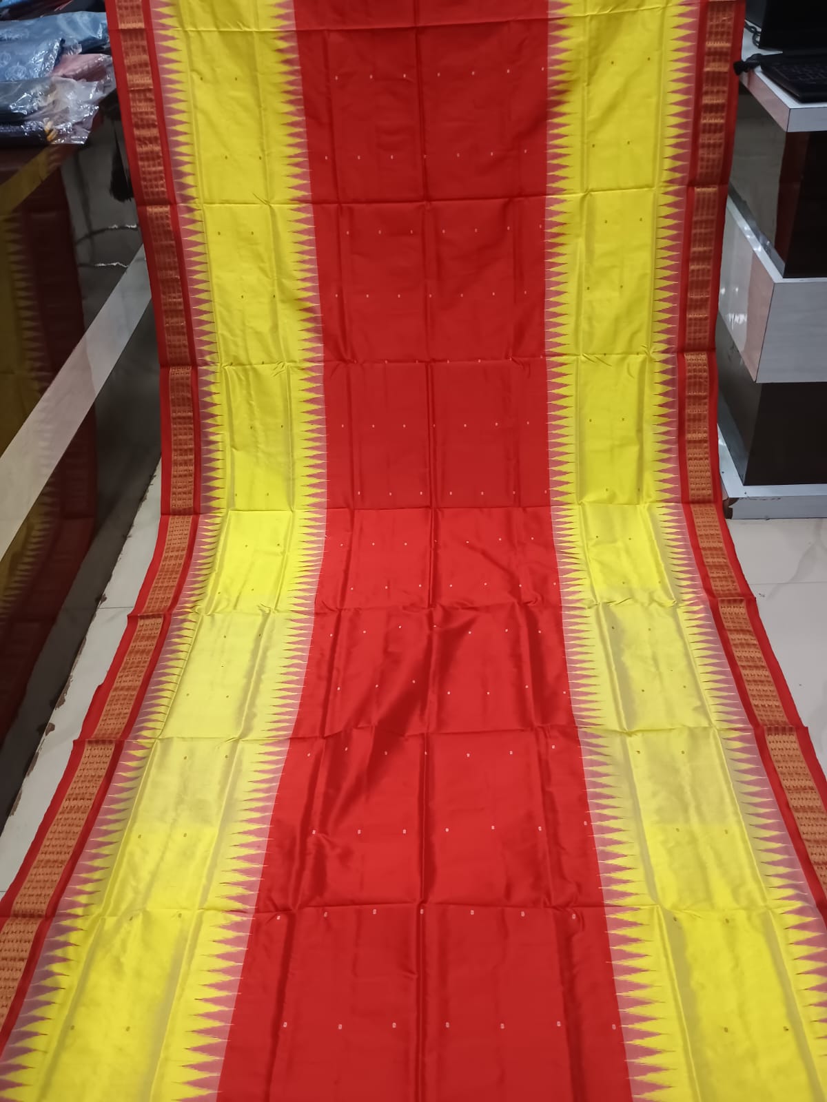 Red Yellow Half Half Buti Bomkai Half Tissue Silk Saree
