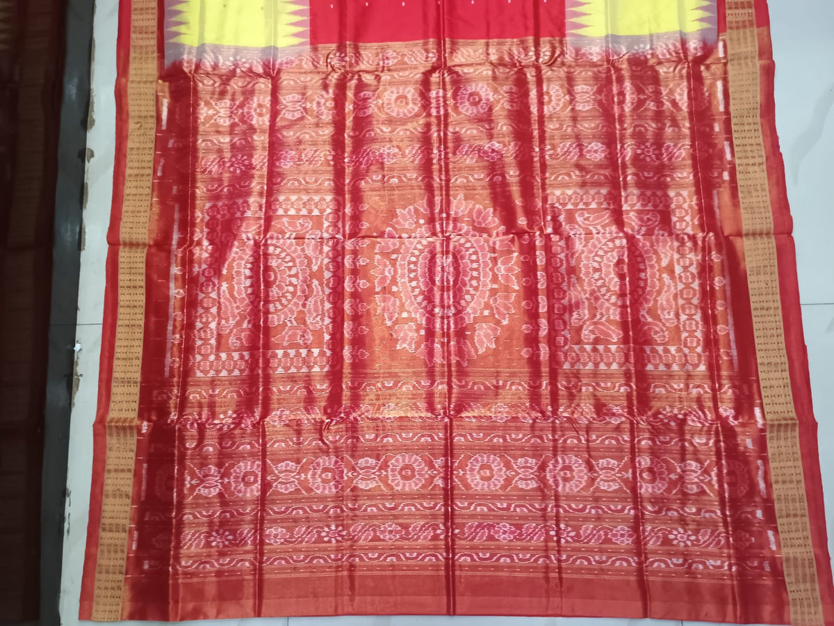 Red Yellow Half Half Buti Bomkai Half Tissue Silk Saree