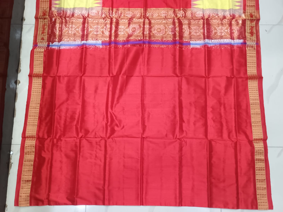 Red Yellow Half Half Buti Bomkai Half Tissue Silk Saree