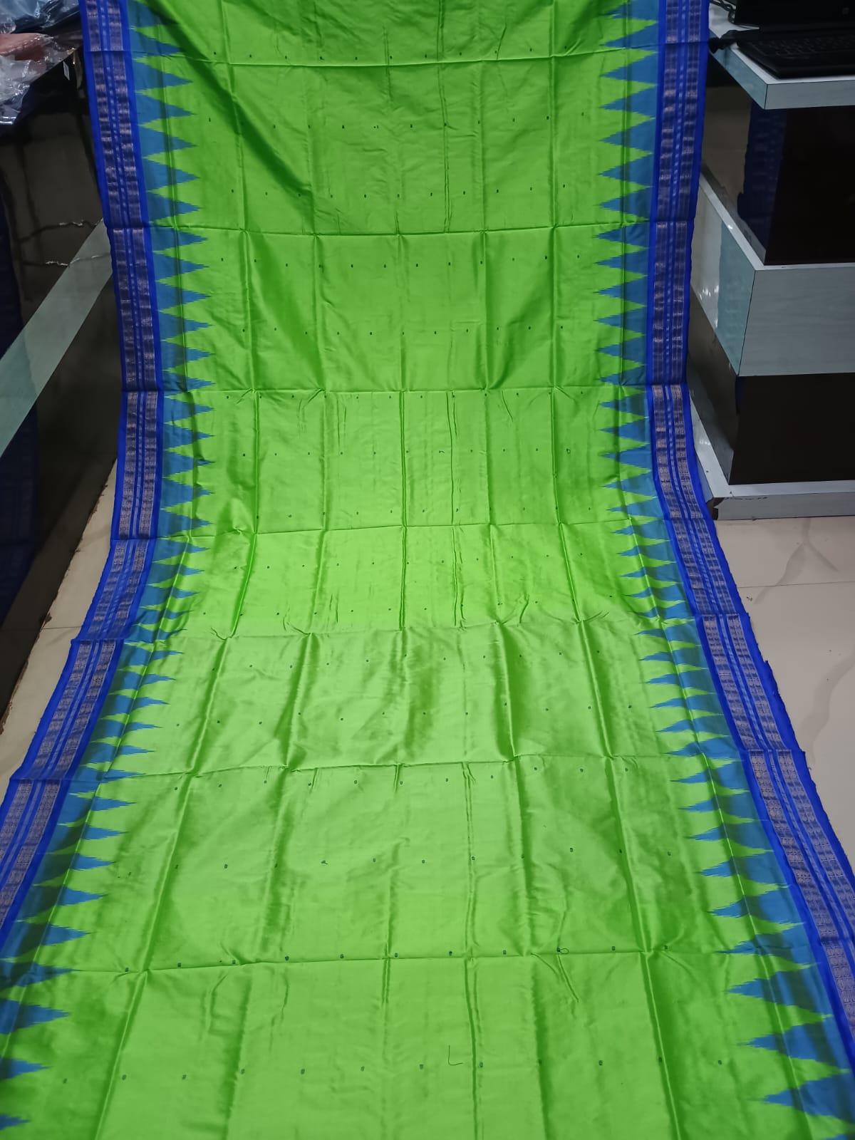 Parrot Green Blue Buti Bomkai Half Tissue Silk Saree