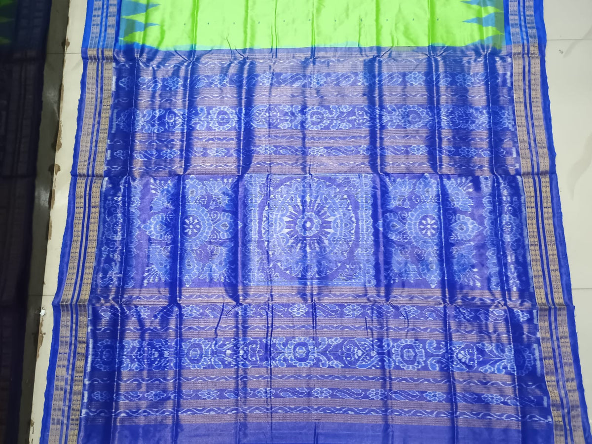Parrot Green Blue Buti Bomkai Half Tissue Silk Saree