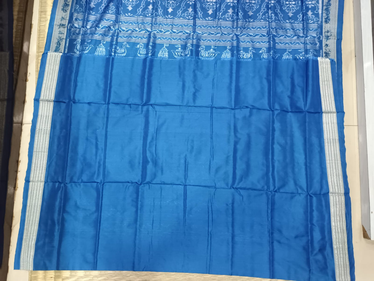 Indigo Blue Flower Design Sambalpuri Silk Saree