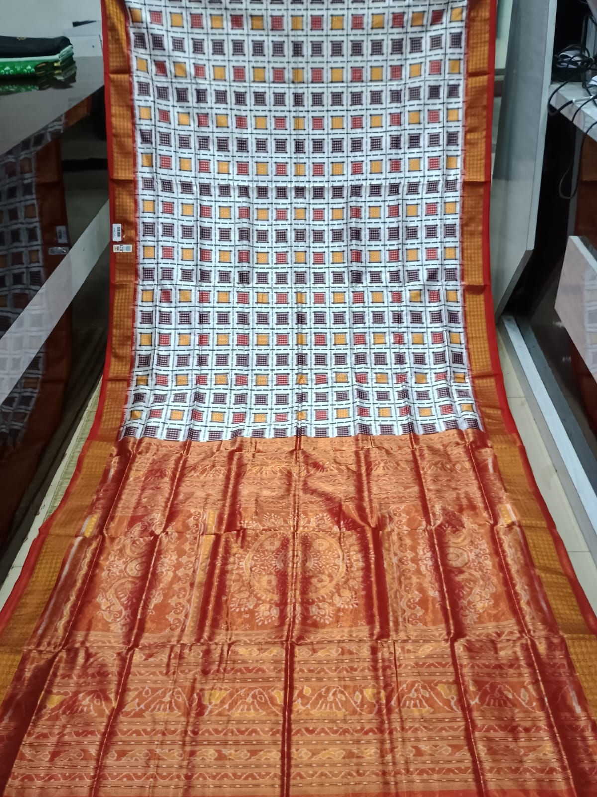 White Red Aswini Sambalpuri Half Tissue Silk Saree