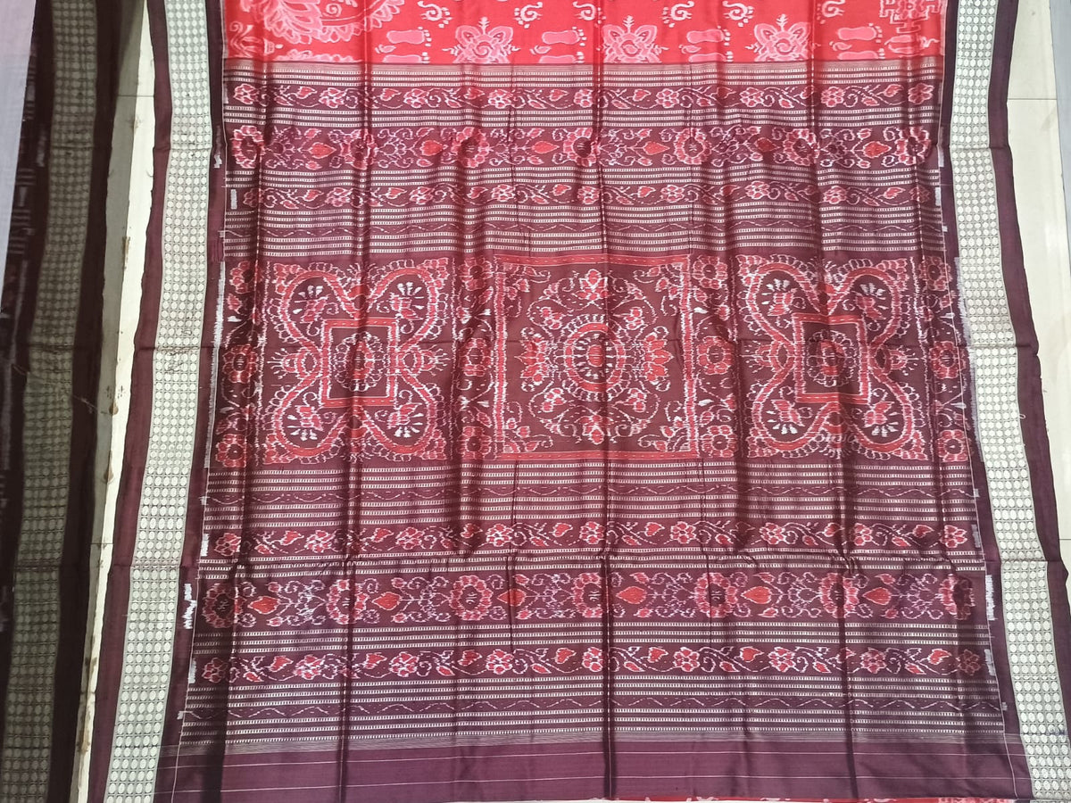Red Coffee Laxmi Pada And Jhoti Design Sambalpuri Silk Saree