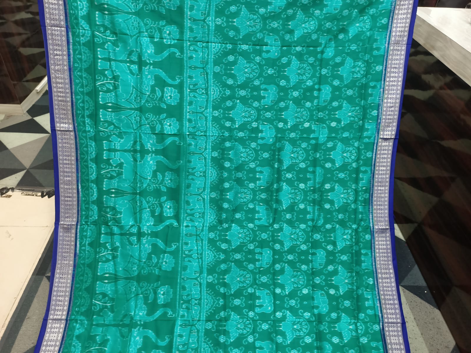 Sea Green Blue Scot Elephant Design Sambalpuri Silk Saree