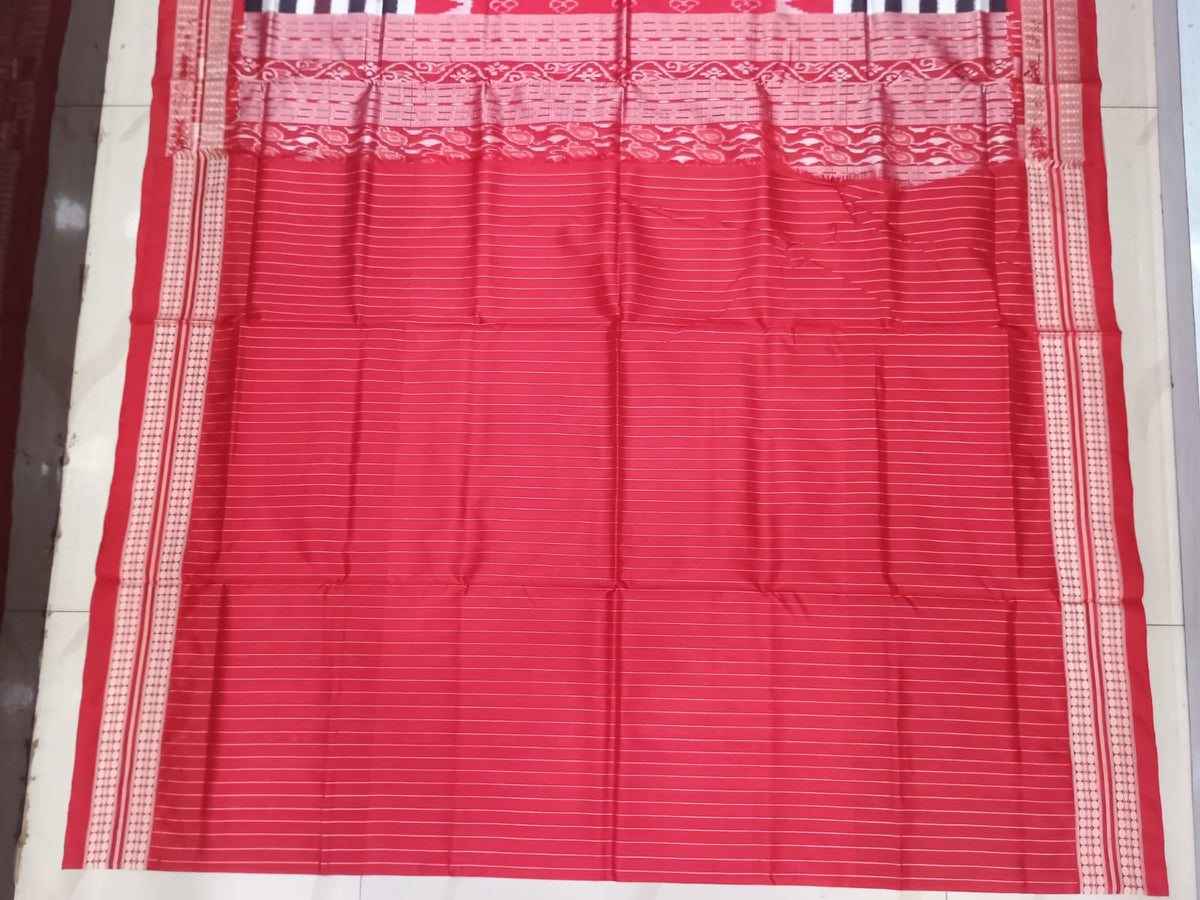Red White Black Scot Pasapali Design Sambalpuri Silk Saree