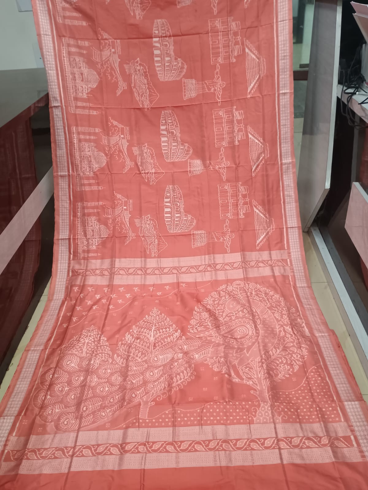 Peach Seven Wonders of the World Design Sambalpuri Silk Saree