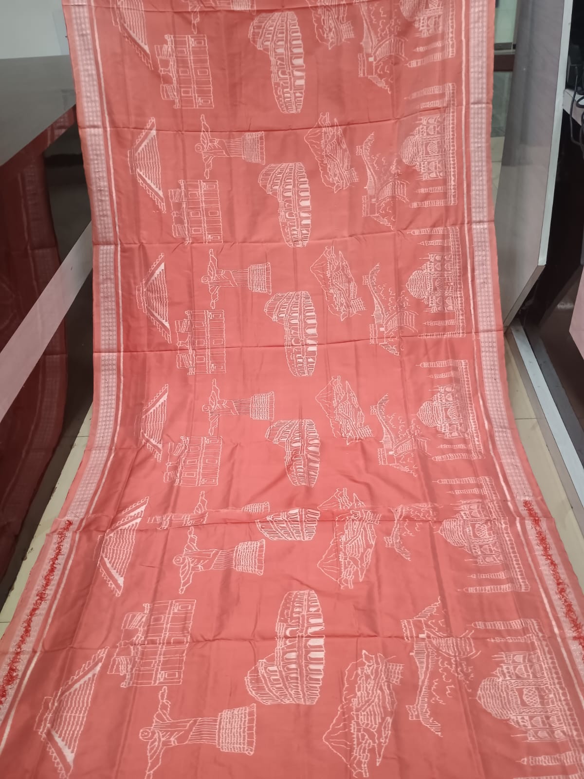 Peach Seven Wonders of the World Design Sambalpuri Silk Saree