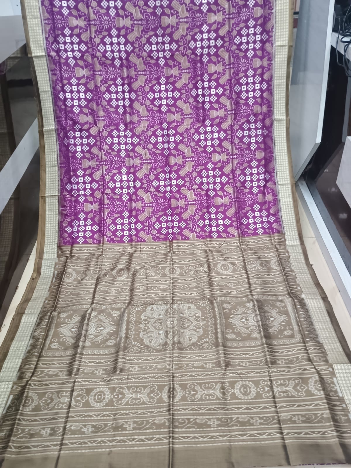 Purple Olive Brown Pasapali With Birds Design Sambalpuri Silk Saree