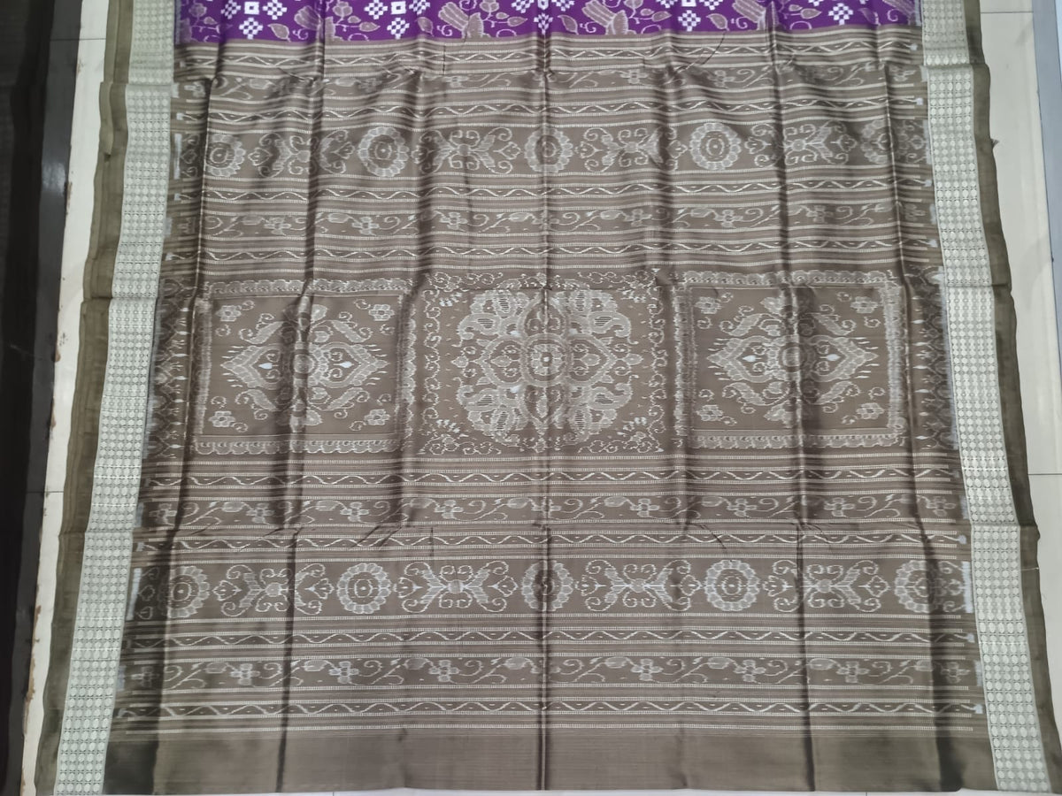 Purple Olive Brown Pasapali With Birds Design Sambalpuri Silk Saree