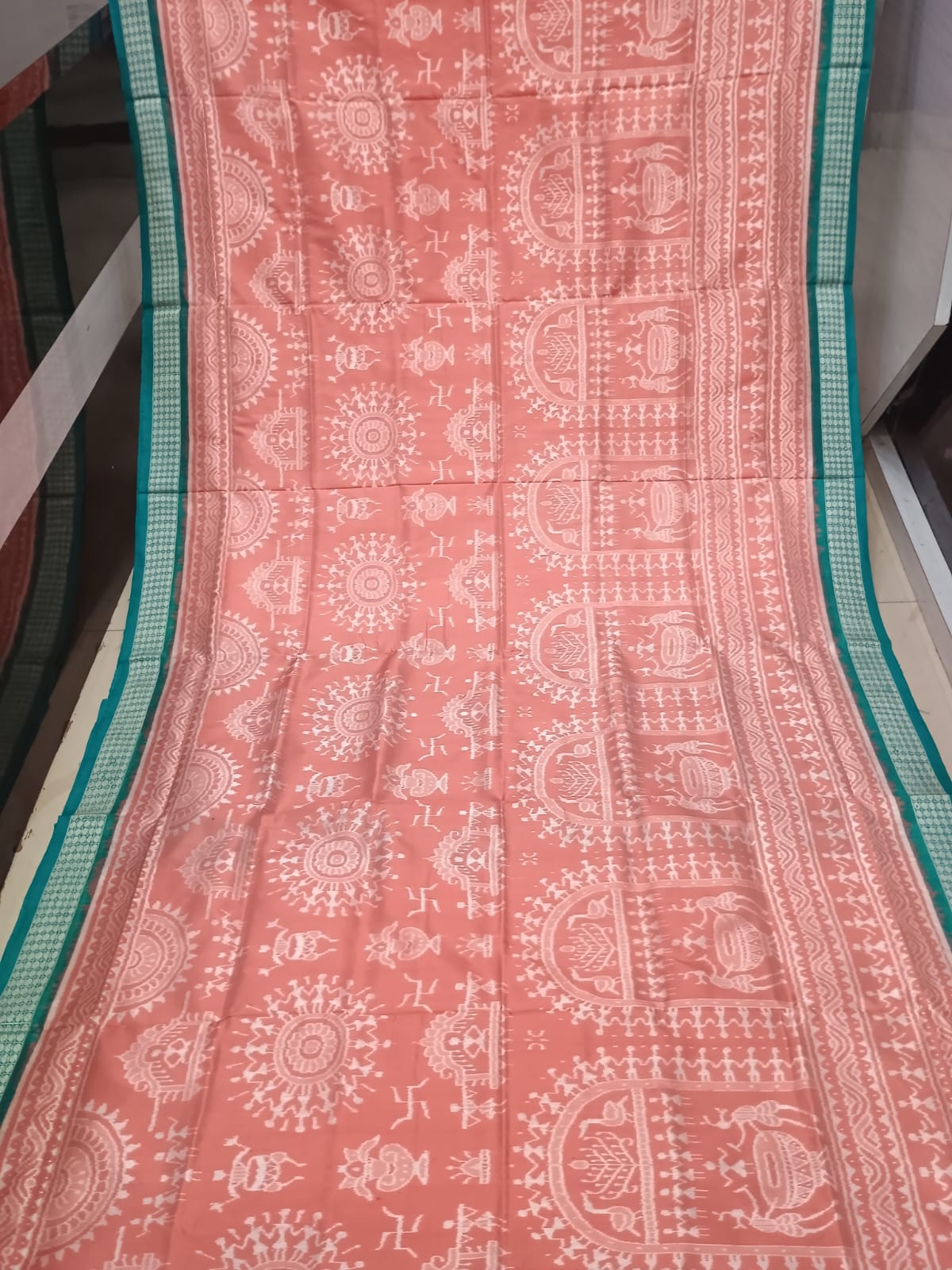 Peach Rama Green Tribal Design Sambalpuri Silk Saree