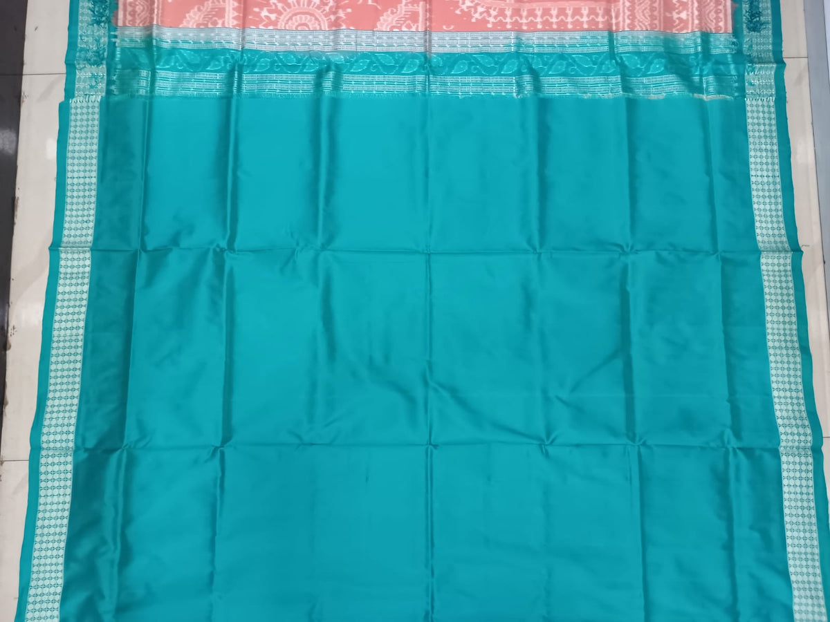 Peach Rama Green Tribal Design Sambalpuri Silk Saree