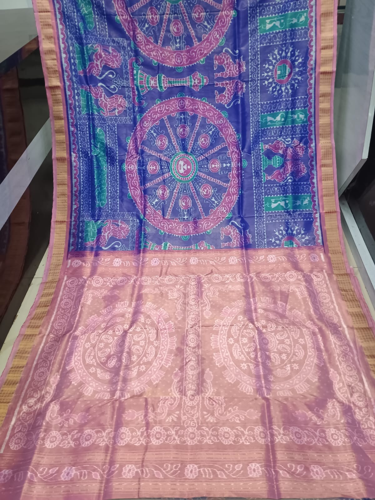 Blue Peach Konark Wheel Full Tissue Sambalpuri Silk Saree