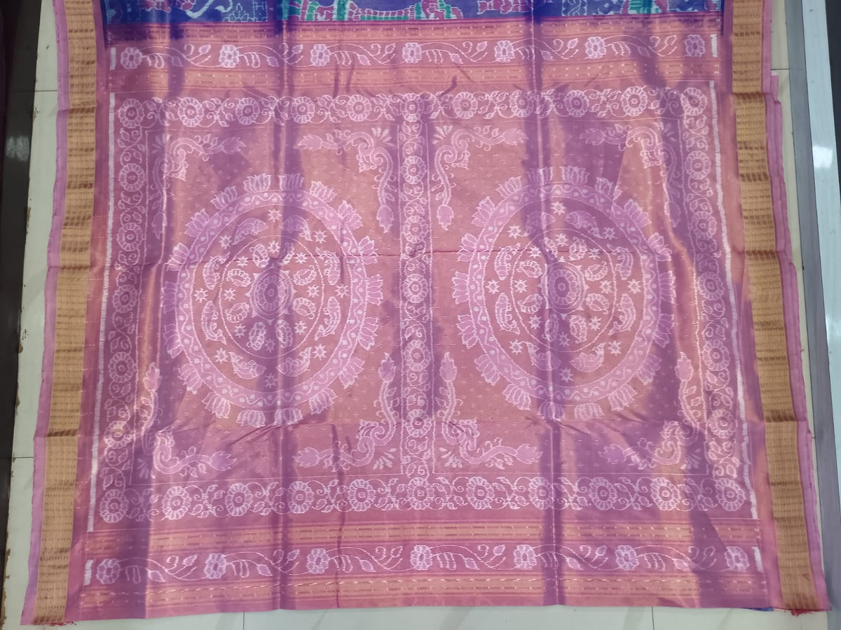 Blue Peach Konark Wheel Full Tissue Sambalpuri Silk Saree