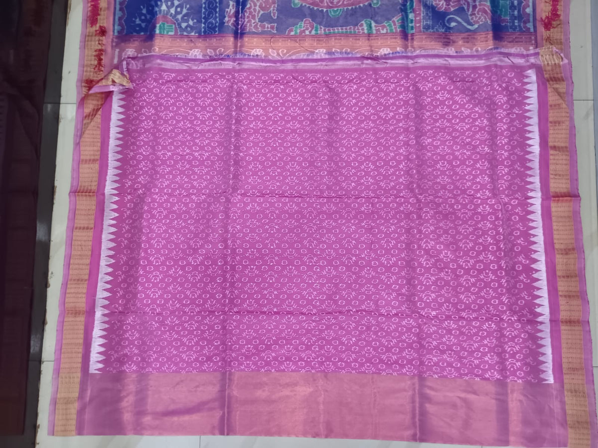 Blue Peach Konark Wheel Full Tissue Sambalpuri Silk Saree
