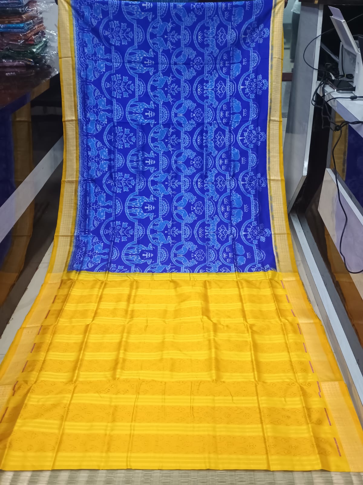 Blue Yellow Dual Animal Design Sambalpuri Silk Saree