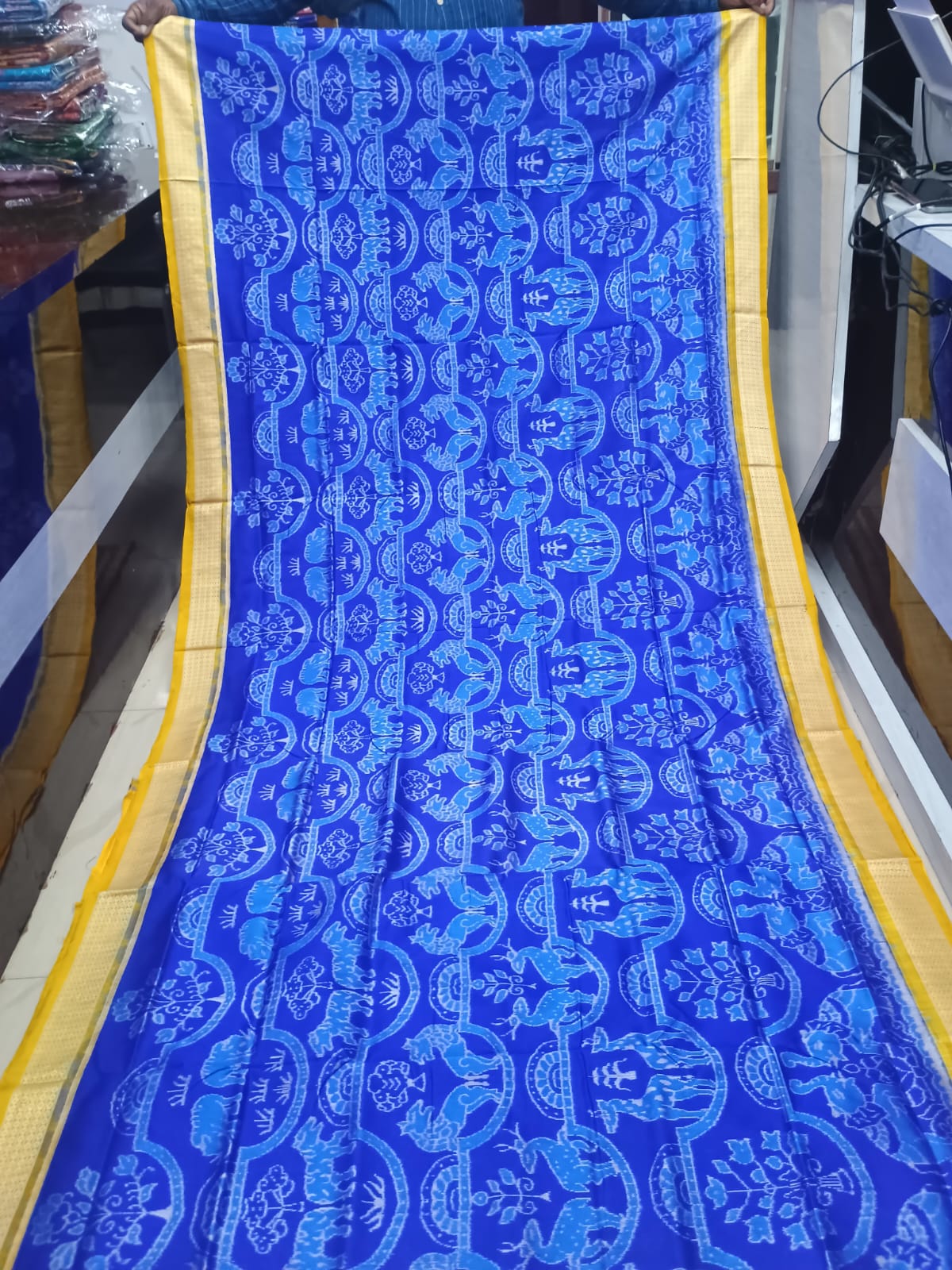 Blue Yellow Dual Animal Design Sambalpuri Silk Saree