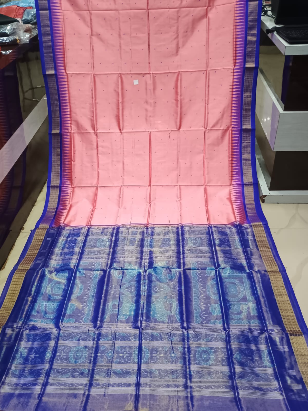 Peach Blue Buti Bomkai Half Tissue Silk Saree