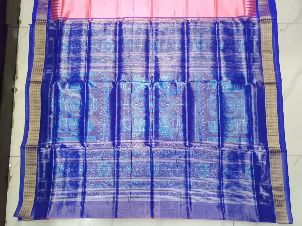 Peach Blue Buti Bomkai Half Tissue Silk Saree