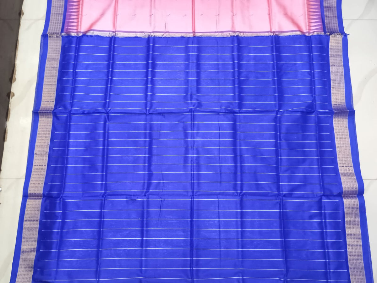Peach Blue Buti Bomkai Half Tissue Silk Saree